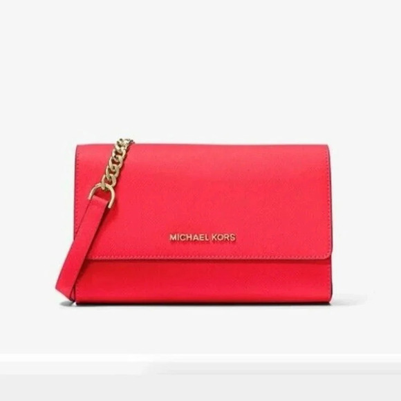 Michael Kors Saffiano Leather Bag Jet Set Small Crossbody Coral Gold Chain NEW - Picture 1 of 4